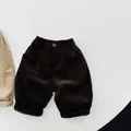 Vintage loose-fit corduroy pants for kids with elastic waist in brown and beige - 80cm / Black Coffee