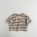 Detail of soft cotton striped kids T-shirt with a cozy round neck and chest pocket - 80cm / Khaki