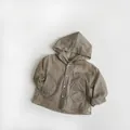 Detail of dark khaki kids hooded sun-protective jacket with texture and pockets - Khaki / 80cm