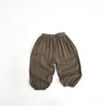 Pantalon bouffant enfant marron en coton et lin avec taille et chevilles élastiquées - 80cm / Khaki Foncé