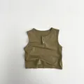 Close-up of olive green knit cotton Henley vest with two wooden buttons for kids - 80cm / Fruit Green