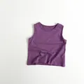 Close-up of purple slub cotton texture and neckline on a kids sleeveless tank top - 80cm / Purple
