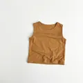 Detail view of mustard yellow bamboo cotton tank top showing neck trim and fabric texture - 80cm / Earthy Yellow