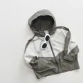 Detail van kinderwindjack met capuchon en ritssluiting in olijf en crème - 80cm / Grijs Abrikoos
