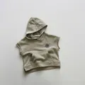 Kids oversized hooded vest with planet print and kangaroo pocket in olive green - Light Khaki / 80cm