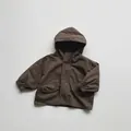 Close-up of kids coffee brown hooded jacket with utility pockets and elastic cuffs - 80cm / Dark Coffee