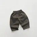 Detail view of deep olive green cotton kids pants with elastic waistband and pockets - 80 / Dark Gray