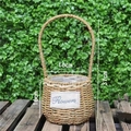 Detail showing natural woven flower basket dimensions of 16cm width and 37cm total height - Round Handheld Style