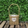 Detail of woven wicker flower basket with heart tag and waterproof plastic lining - Square Handle Style