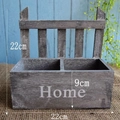 Vintage wooden 2-slot wall planter with Home text and rustic fence back, 22cm size - H22xW11xL22cm / Gray
