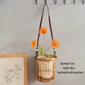 Detail view of woven bamboo basket with 17cm diameter and leather strap for wall hanging - Dia 17cm x H 18cm x Total H 60cm / Belt Handheld (Leather Strap Style)
