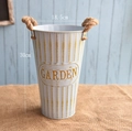 Vintage white striped metal garden flower bucket with twine handles, 30cm height - Hemp Rope Ear Creamy White Small (5539806626262) / Height 30cm Diameter 18.5cm / Off White