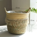 Grote handgeweven zeegras plantenmand met witte kant en waterdichte plastic voering - Kwastjes Stijl Beige Diameter 25cm Hoogte 22cm