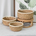 Three-piece set of natural woven seagrass storage baskets with white fabric borders - Small (18x8.5cm) / White Edge - Plain