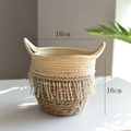 Handgemaakte tweekleurige zeegras mand met witte kant kwastjes en handvatten, 16x16cm - Kwastjes Stijl Beige Diameter 16cm Hoogte 16cm
