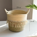 Handgeweven strooien mand met witte kwastjes, tweekleurige plantenpot, afmeting 20x20 cm - Kwastjes Stijl Beige Diameter 20cm Hoogte 20cm