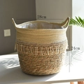 Extra grote geweven stro plantenmand met franjes en plastic voering, 28cm diameter maat - Kwastjes Stijl Beige Diameter 28cm Hoogte 24cm