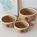 3-piece straw storage basket set with cute strawberry patches and white fabric trim - S / Large Strawberry Decor