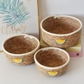Three-piece round woven storage baskets with lemon embroidery and white cotton trim - Small (18x8.5cm) / White Edge - Lemon