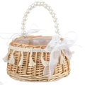 Handwoven flower basket with elegant pearl handle and white satin bow for wedding decor - Pearl Princess Style (Mouth 15)