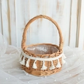 Cesto di fiori intrecciato a mano color legno naturale con frange bianche e fodera impermeabile - Cesto Principessa Medio 15cm / Stile Decorazione con Nappina (Cesto Principessa Medio 15cm)