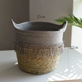 Detail of grey and beige woven basket featuring decorative fringe and dimensions - Long Tassel Opening (Ref 771) / 25x22