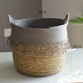 Detail of woven basket with natural grass base, grey fabric top, tassels and size dimensions - Long Tassel Opening (Ref 771) / 30x28