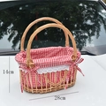 Handmade wicker picnic basket with red checkered lining and white lace trim, size 28x19x14cm - Red Checkered Handbag With Double Handles