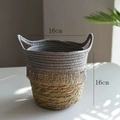 Handwoven basket with grey cotton top and natural grass base featuring tassels and handles - Long Tassel Opening (Ref 771) / 16x16