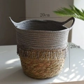 Handwoven 20x20cm gray and natural straw storage basket with cotton rope handles and tassels - Long Tassel Opening (Ref 771) / 20x20