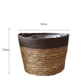Cache-pot en paille tressée bicolore nordique avec doublure étanche, diamètre 18 cm - Petit 18cm / Patchwork Café Foncé
