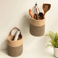 Handwoven cylindrical hanging plant baskets with cotton rope and brown leather handles - Yellow + Black Leather Handle Small