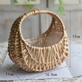 Detail of woven flower basket with waterproof plastic lining and size measurements - Moon-shaped Basket / Natural Wood Color