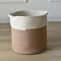 Ronde gevlochten mand van katoenen touw met handvaten in crème en lichtbruin ontwerp - Jute Patchwork Wit (25x25cm)