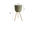 Minimalist rattan floor planter with green woven basket and three light wood legs, 42cm high - Raffia Green Medium