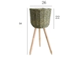 Nordic woven plant stand with wooden tripod base in green-gray finish, size 54cm height - Raffia Green Large