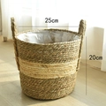 Handgeweven stro opbergmand met handvat en waterdichte voering, maat 25x20cm - Beige B Klein