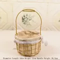 Golden woven wire flower basket with lace fabric lining and tall handle for floral gifts - Dia 16cm x Basket H 11cm x Total H 28.5cm / Gold Cloth Round Small (Gold Cloth Style)
