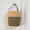 Hanging woven basket in khaki and black color-block with stylish leather handle - Small / Yellow & Black