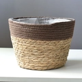 Handgemaakte zeegras plantenmand in bruin en naturel met waterdichte plastic voering - Donkere Koffie M Diameter 18cm