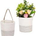 Hanging woven cotton rope planter in cream with black wave patterns and leather handles - Small / Beige with Black Line