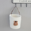 Hanging woven white cotton storage basket with brown faux leather handle and animal patch - Small / Deer Style / Off White