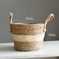 Handwoven seagrass plant basket in natural beige, two-tone design with handles, size 25x19cm - Large Beige Tapered With Handles