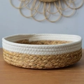Handwoven round storage basket with two-tone white cotton rope and natural seagrass - White & Natural Large Round Tray