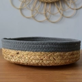 Round dual-tone woven storage basket with natural plant fiber and dark grey cotton rope - Gray & Natural Small Round Tray