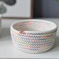Close-up of a white cotton rope basket with colorful rainbow wave stitching detail - Small / White (Colorful Stitching)