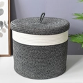 Handwoven cotton rope laundry basket with lid in gray and white minimalist design - White + Black Brown Opening Style (40.5*35.5cm)