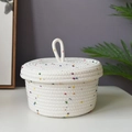 White cotton rope storage basket with colorful spots and matching lid for desk organizing - Medium / White With Colorful Dots