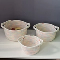 Set of 3 minimalist woven cotton storage baskets with rainbow stitching and handles - Rainbow White (Small)