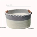Rectangular grey and white cotton rope storage basket with leather handles 38x24x23cm - White Gray Braided Edge